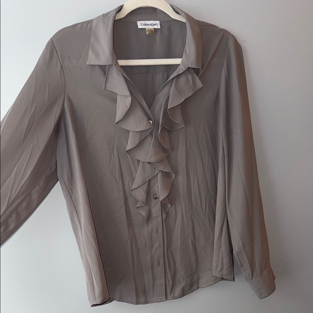 Calvin Klein Taupe Ruffle Front Button-Down Blouse